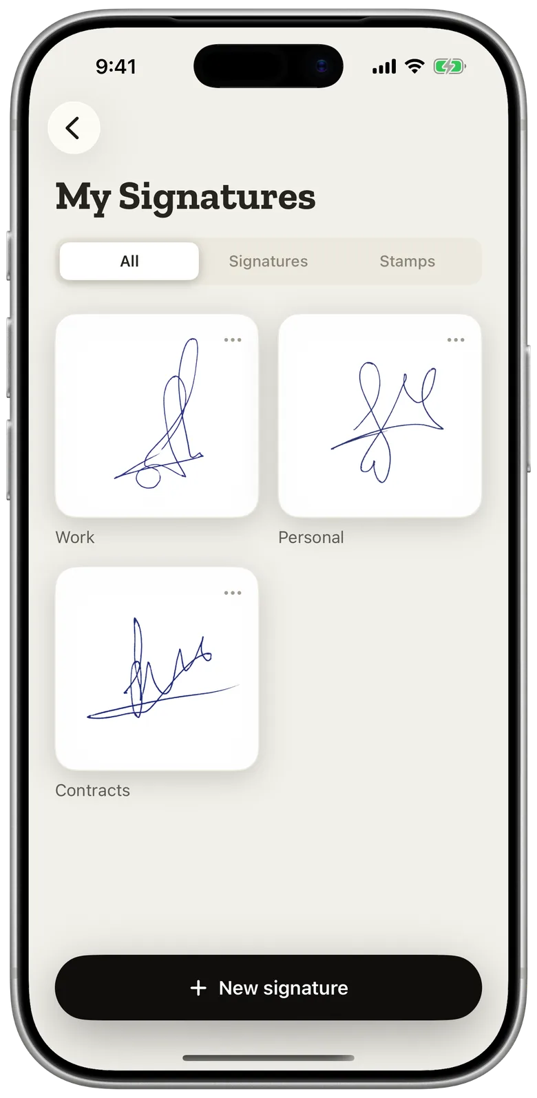My Signatures: saved signatures ready to place