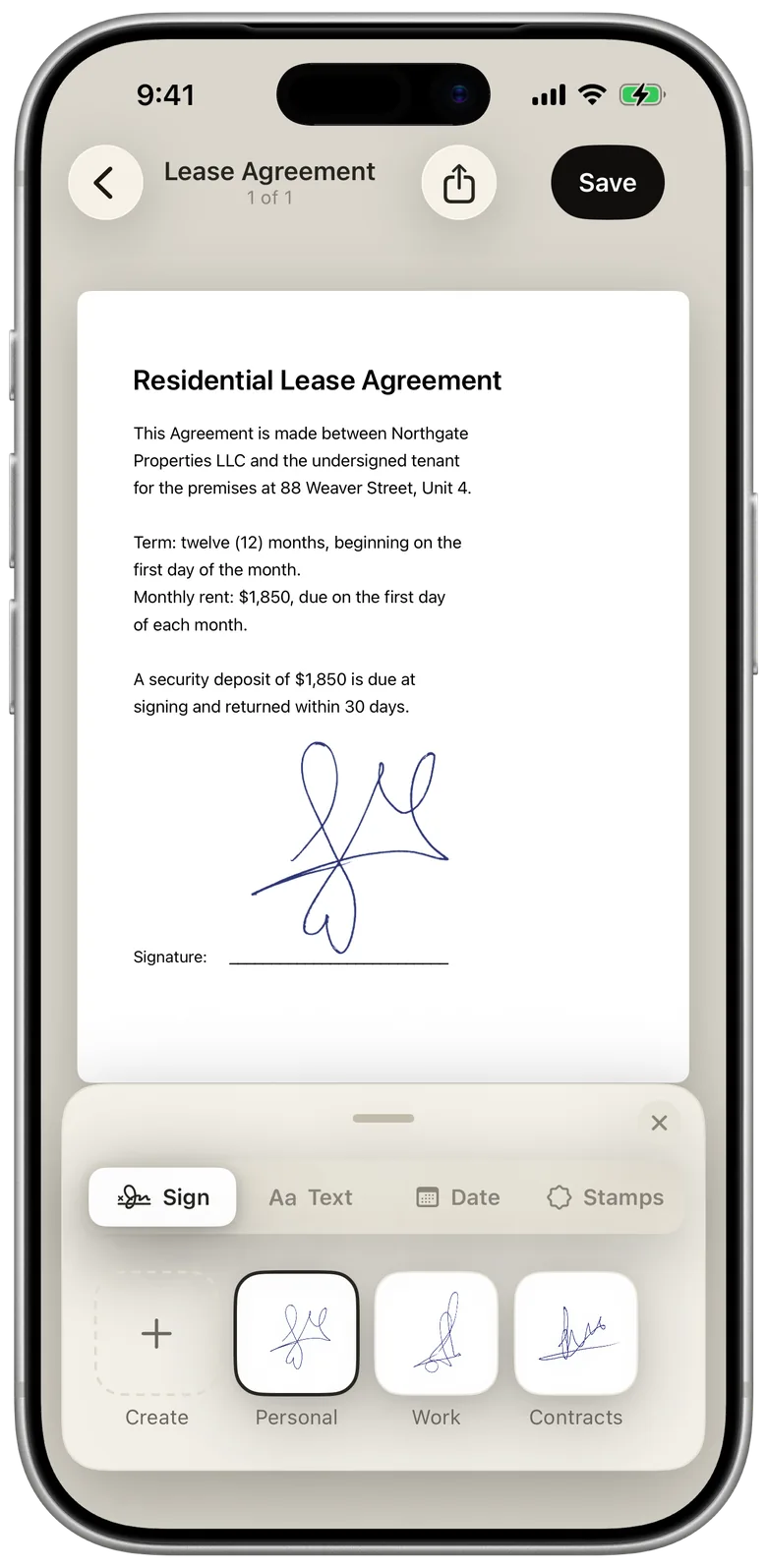 eSign Me editor: a residential lease signed with a real handwritten signature