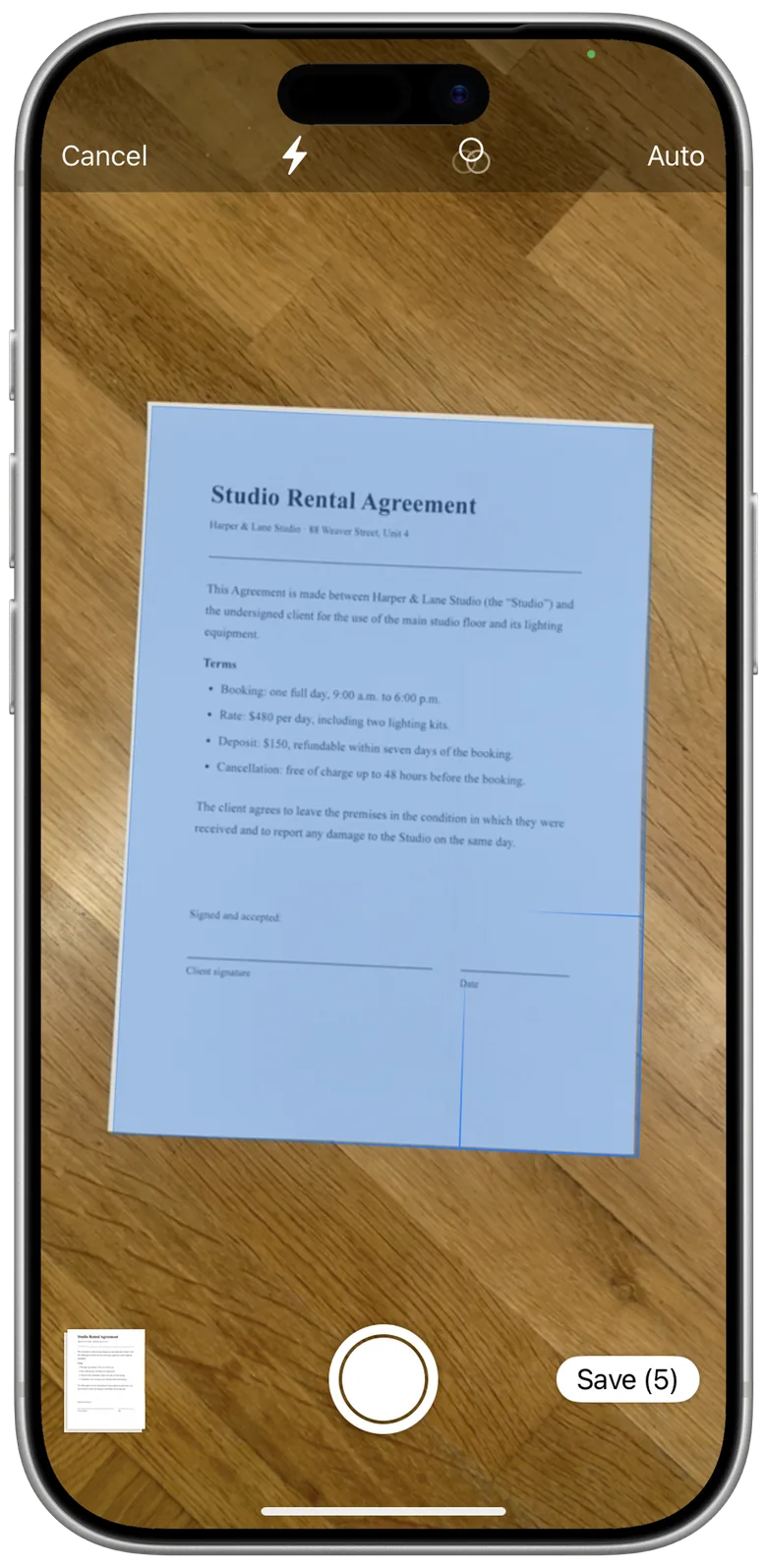 Document camera detecting the edges of a paper agreement